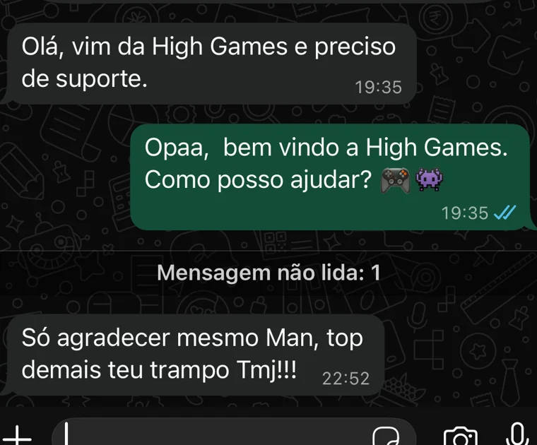 Print de uma avaliação enviada por cliente da HIGH GAMES