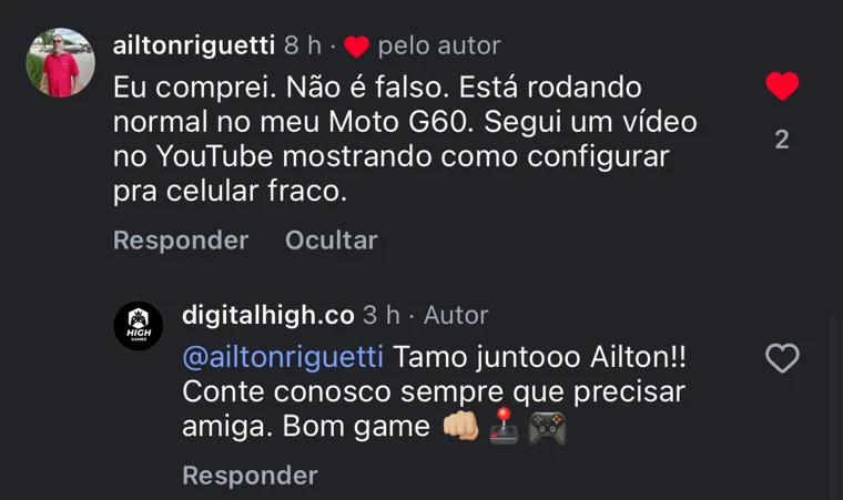 Print de uma avaliação enviada por cliente da HIGH GAMES